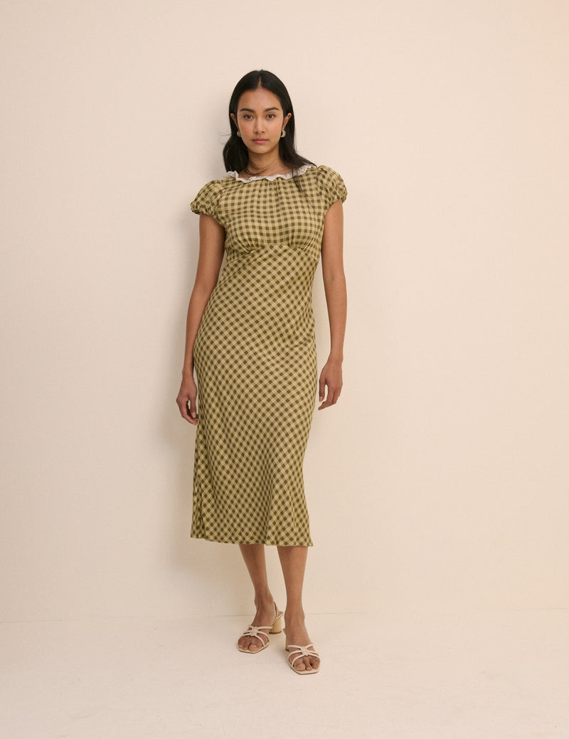 Green Gingham Puff Sleeve Marianna Midi Dress