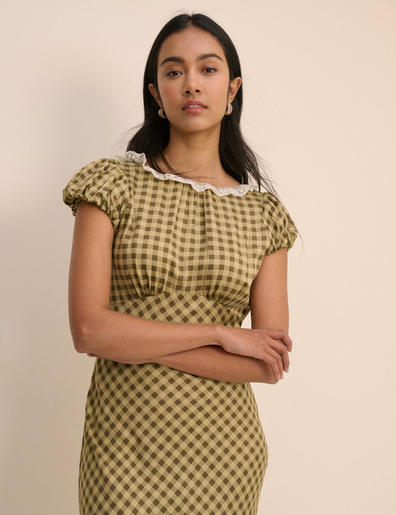 Green Gingham Puff Sleeve Marianna Midi Dress