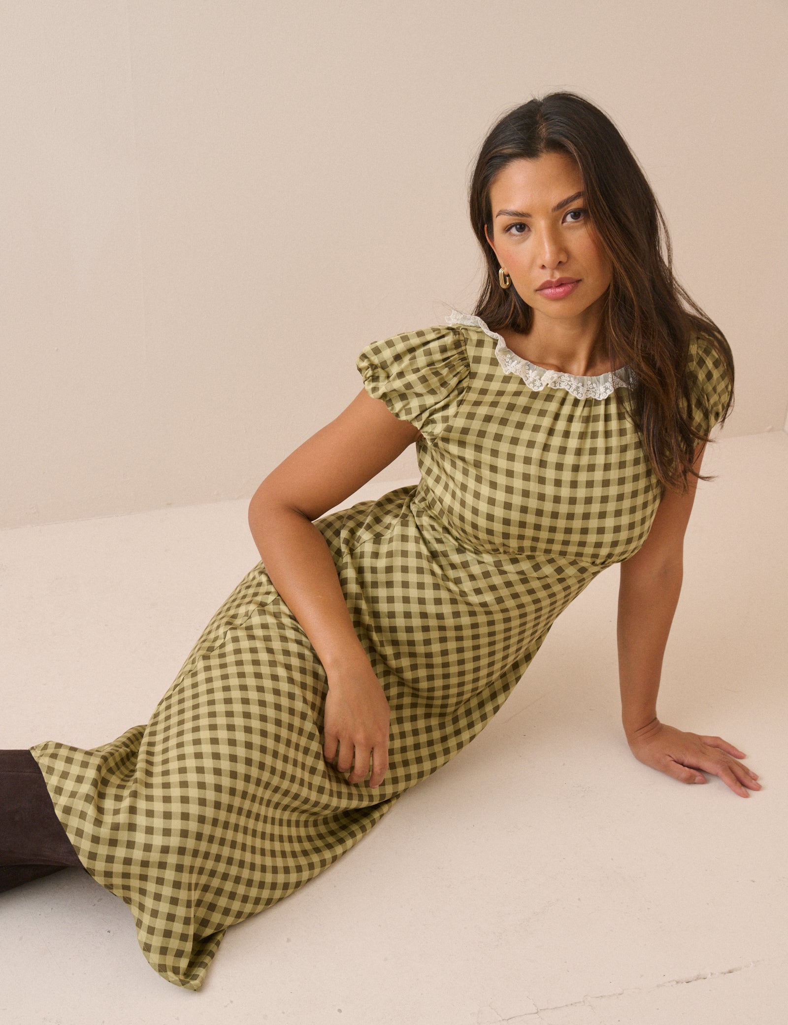 Green Gingham Puff Sleeve Marianna Midi Dress