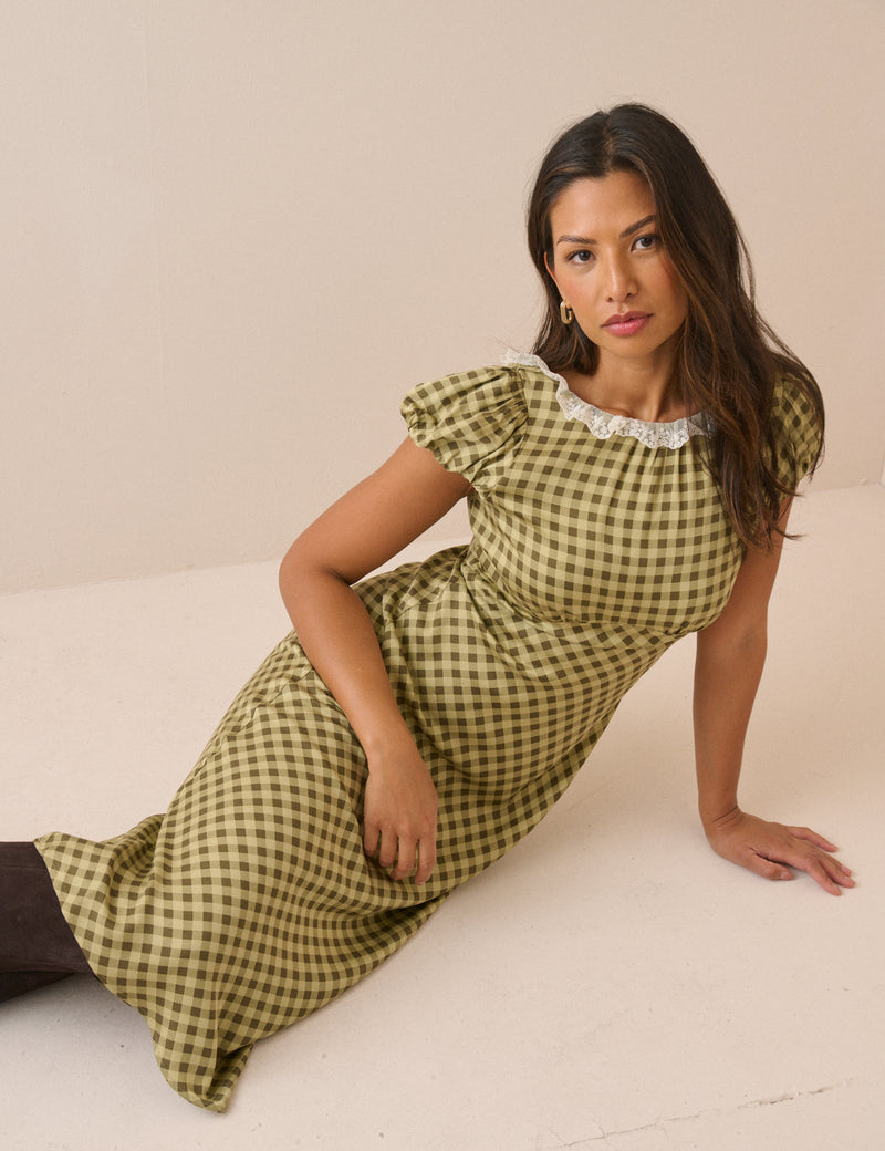 Green Gingham Puff Sleeve Marianna Midi Dress