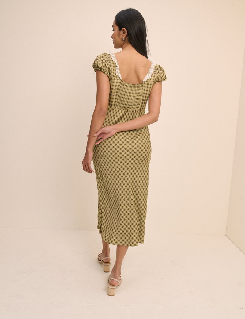Green Gingham Puff Sleeve Marianna Midi Dress