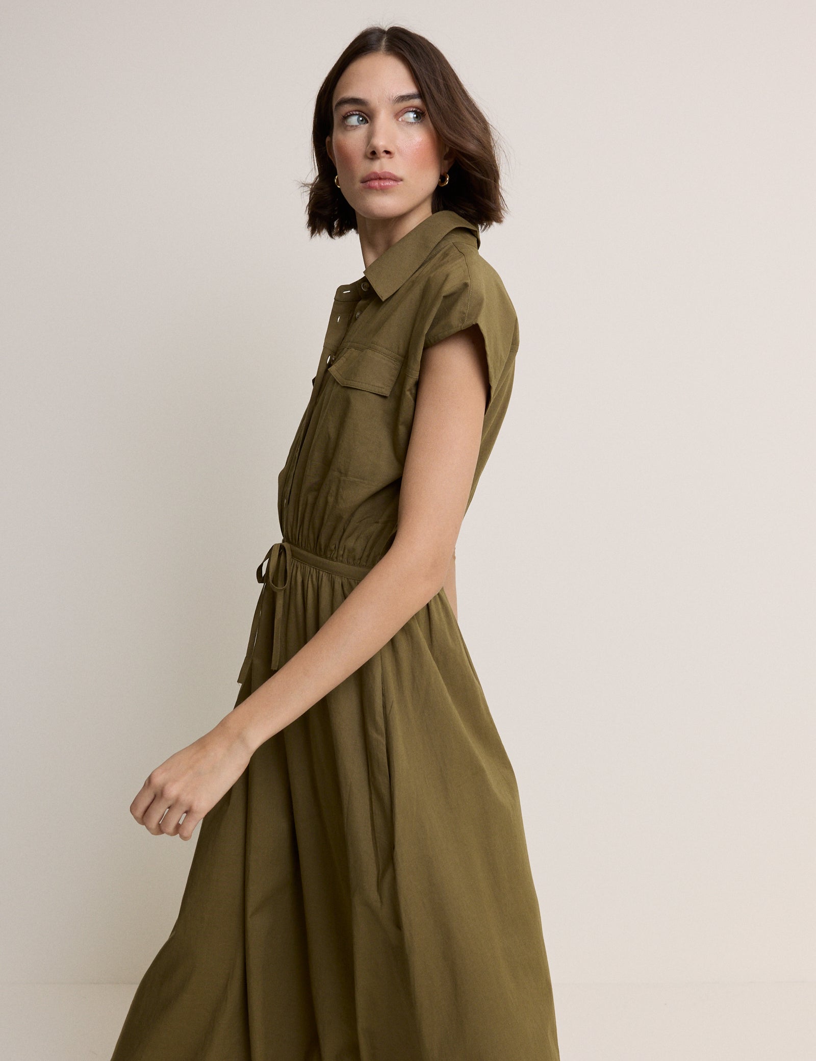 khaki shirt dress midi Khaki Linen Cotton Midi Shirt Dress Casual Loose Fit Spring Dress fo YLISTYLE