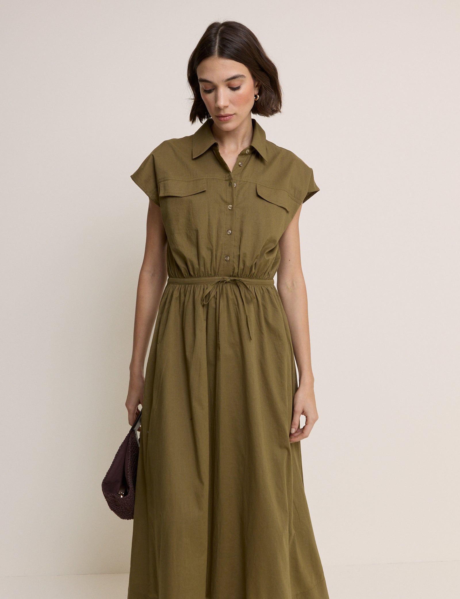 khaki midi shirt dress Buy Reiss Khaki Cecilia Shirred-Waist Midi Shirt Dress from Next USA