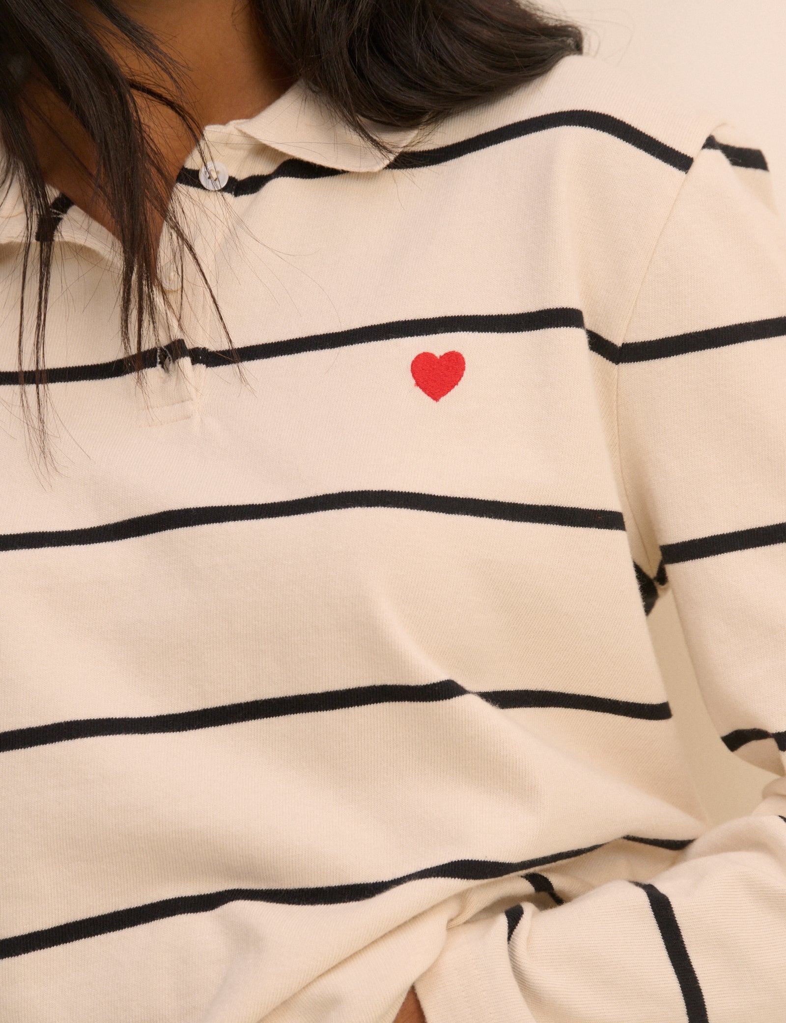 Cream Striped Long Sleeve Polo Top