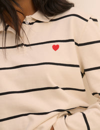 Cream Striped Long Sleeve Polo Top