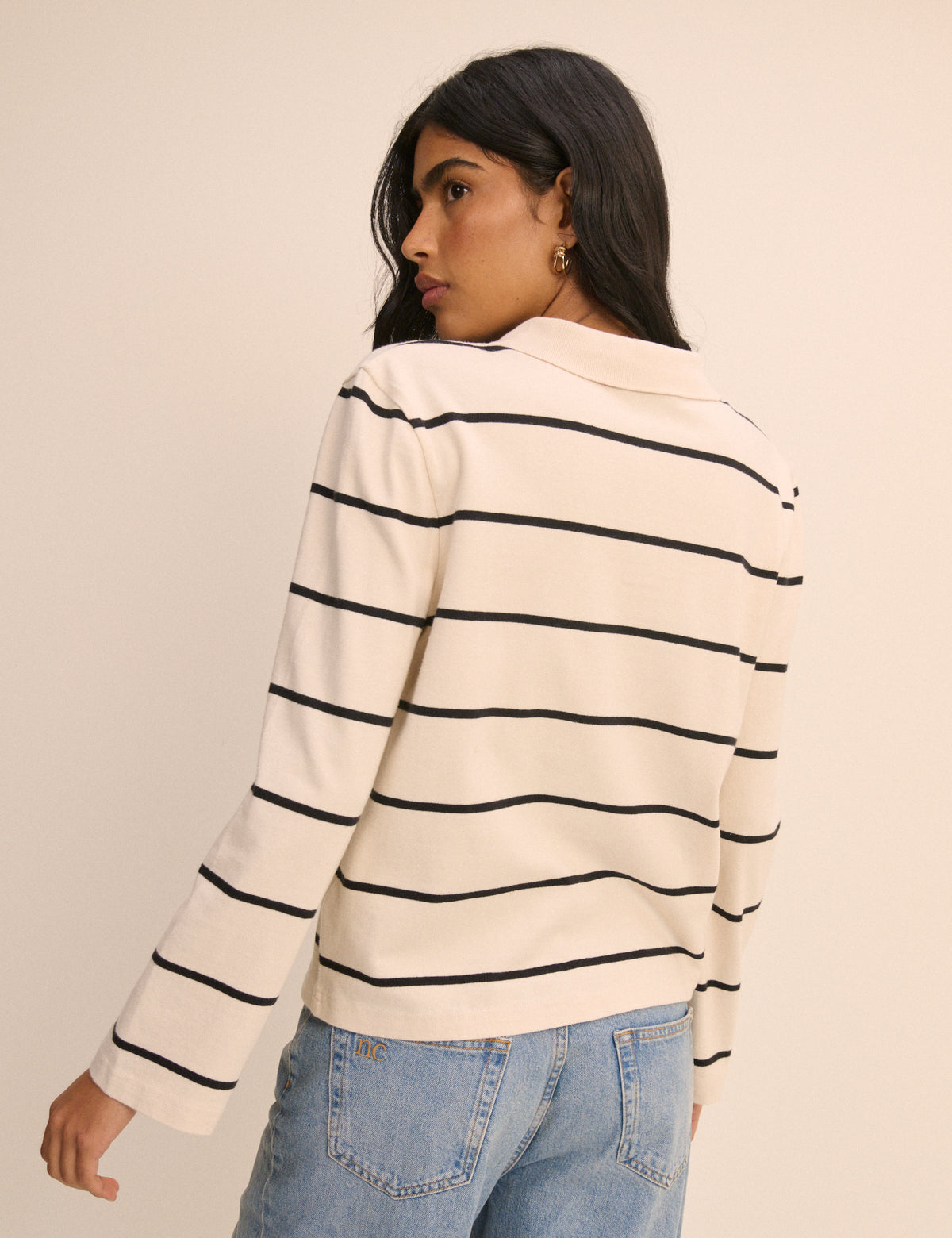 Cream Striped Long Sleeve Polo Top