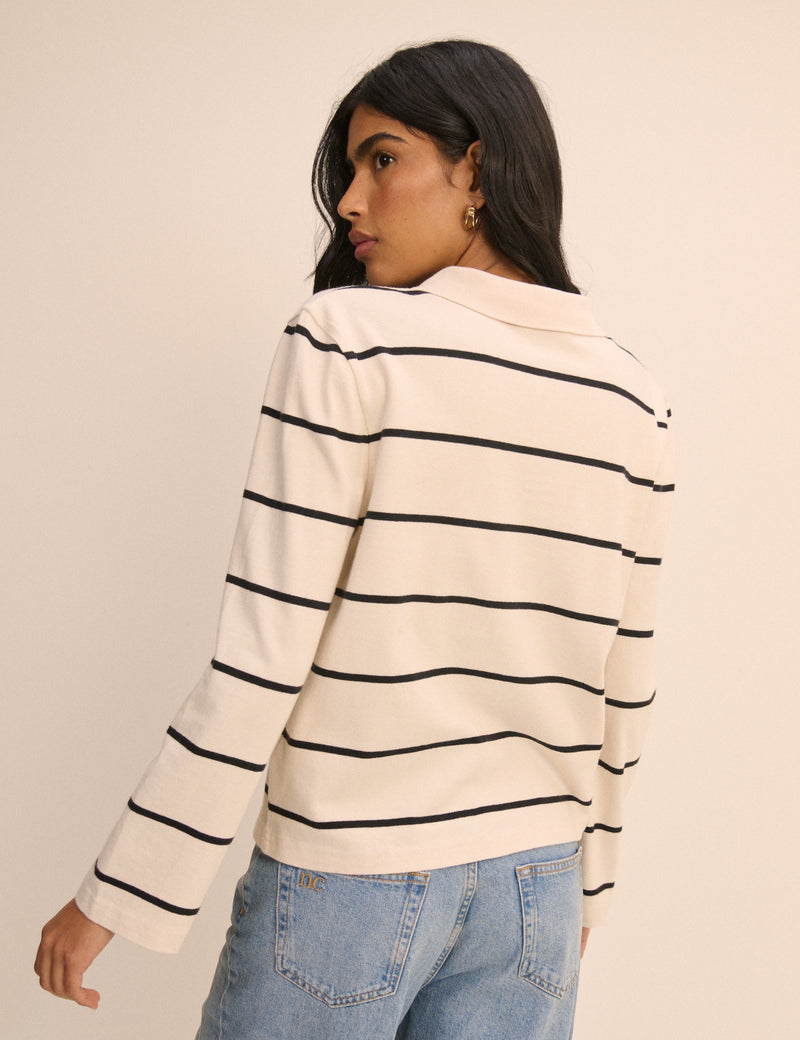 Cream Striped Long Sleeve Polo Top