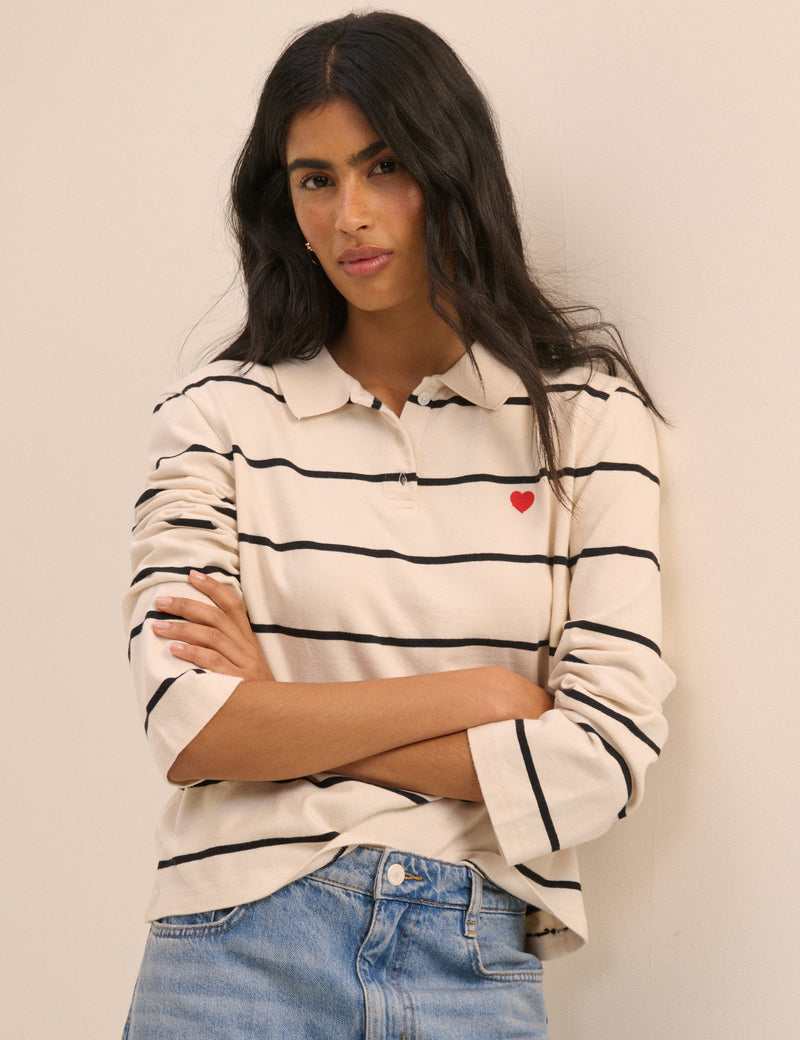 Cream Striped Long Sleeve Polo Top