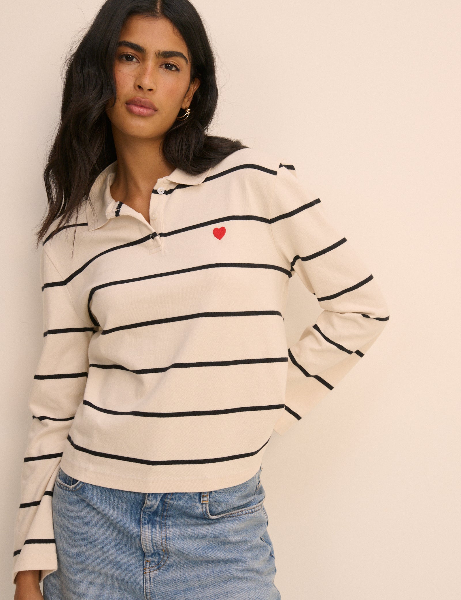 Cream Striped Long Sleeve Polo Top
