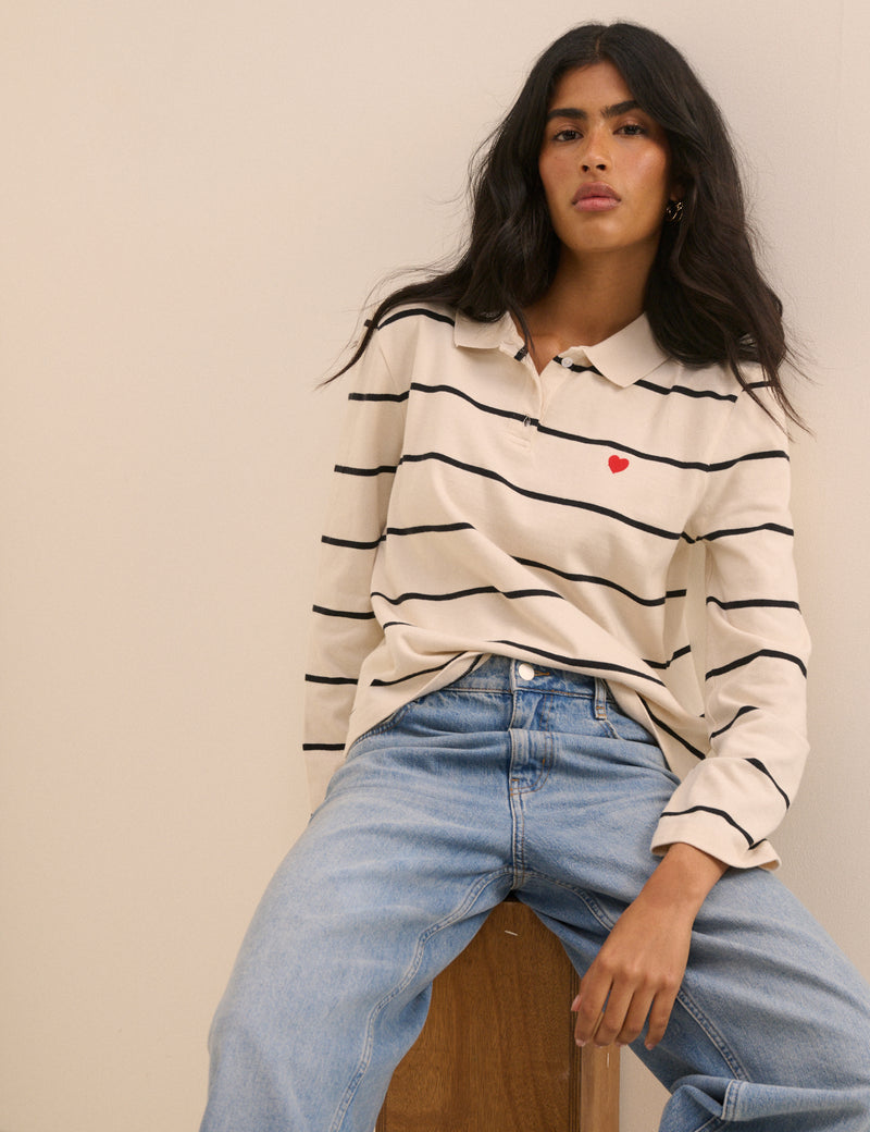 Cream Striped Long Sleeve Polo Top