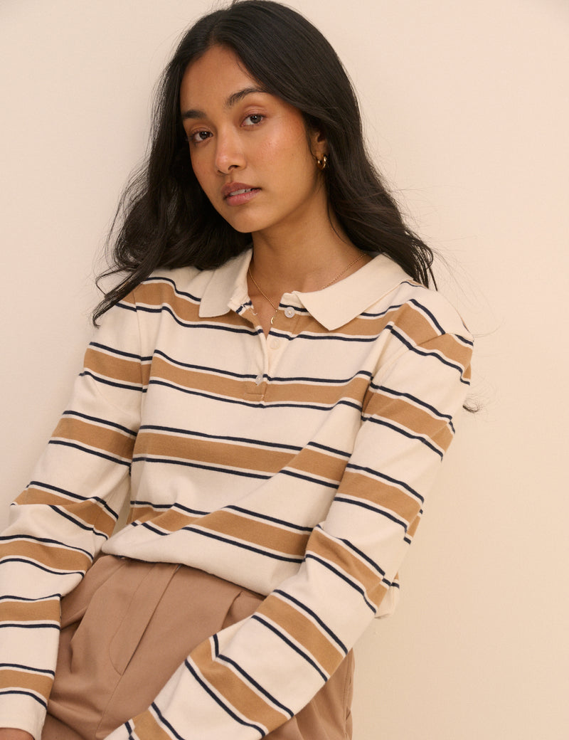 White and Brown Striped Long Sleeve Polo Top