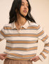 White and Brown Striped Long Sleeve Polo Top