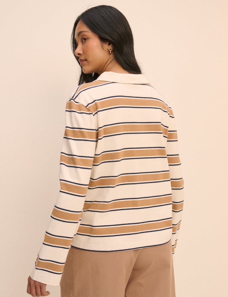 White and Brown Striped Long Sleeve Polo Top