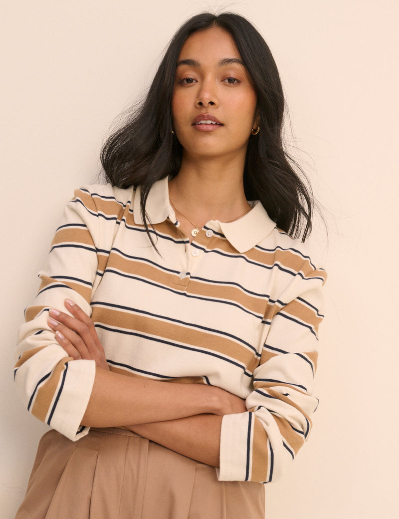 White and Brown Striped Long Sleeve Polo Top
