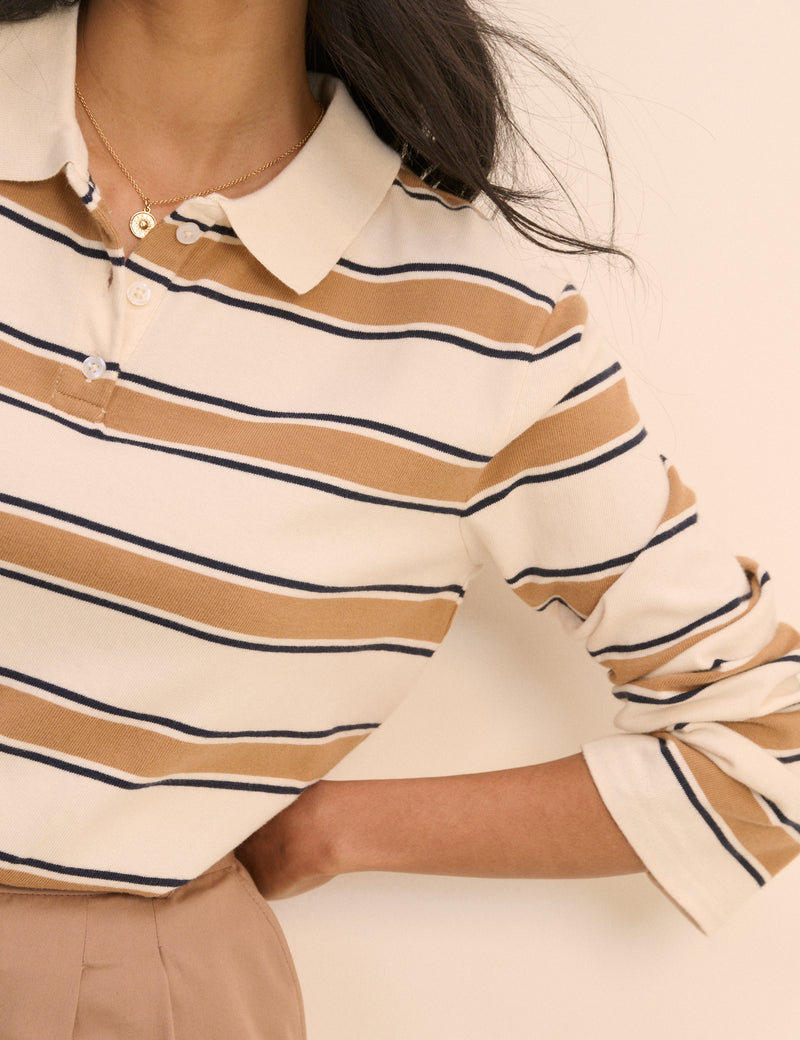 White and Brown Striped Long Sleeve Polo Top
