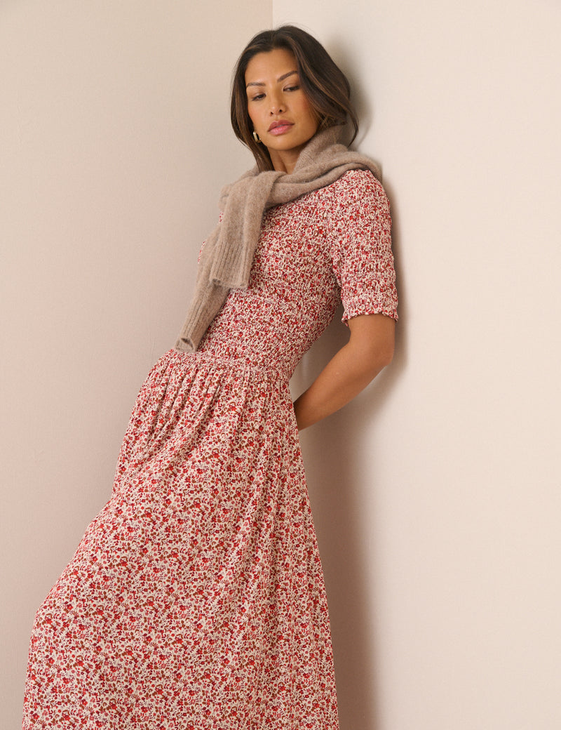 Pink Ditsy Floral Shirred Shay Midi Dress