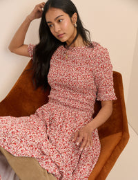 Pink Ditsy Floral Shirred Shay Midi Dress