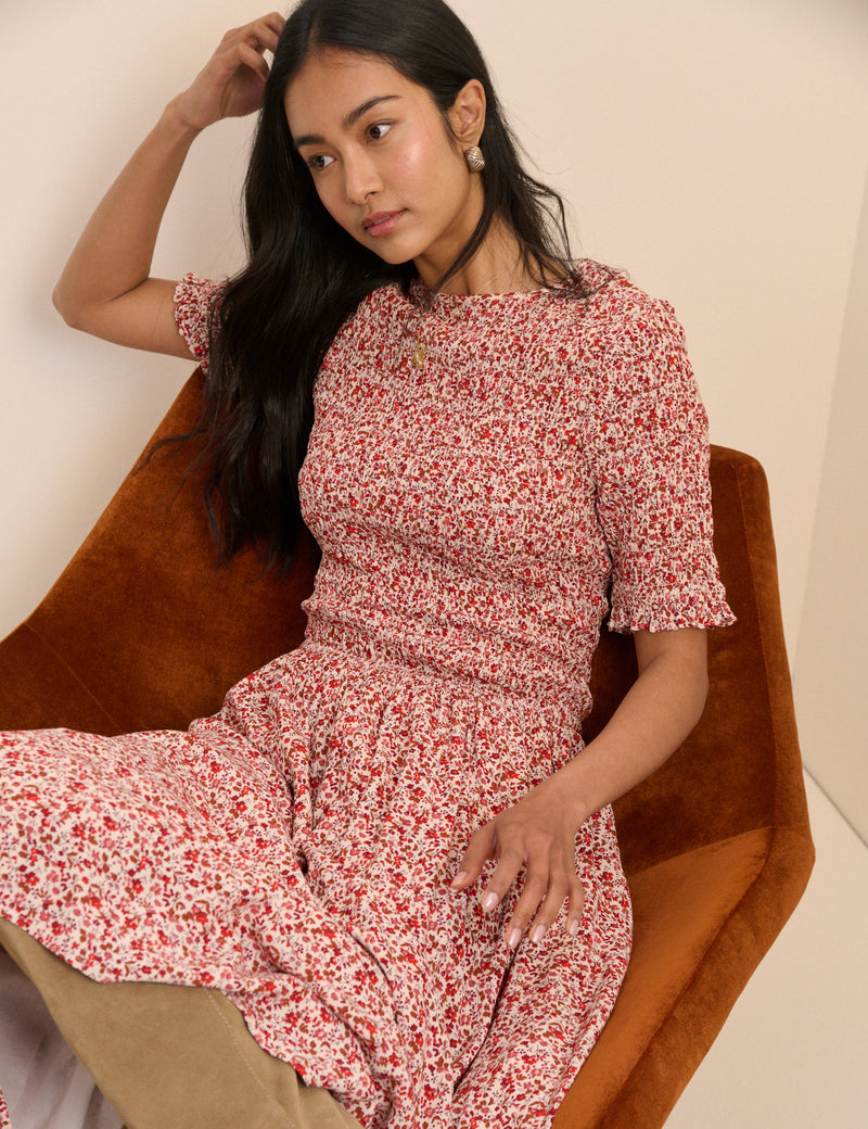 Pink Ditsy Floral Shirred Shay Midi Dress