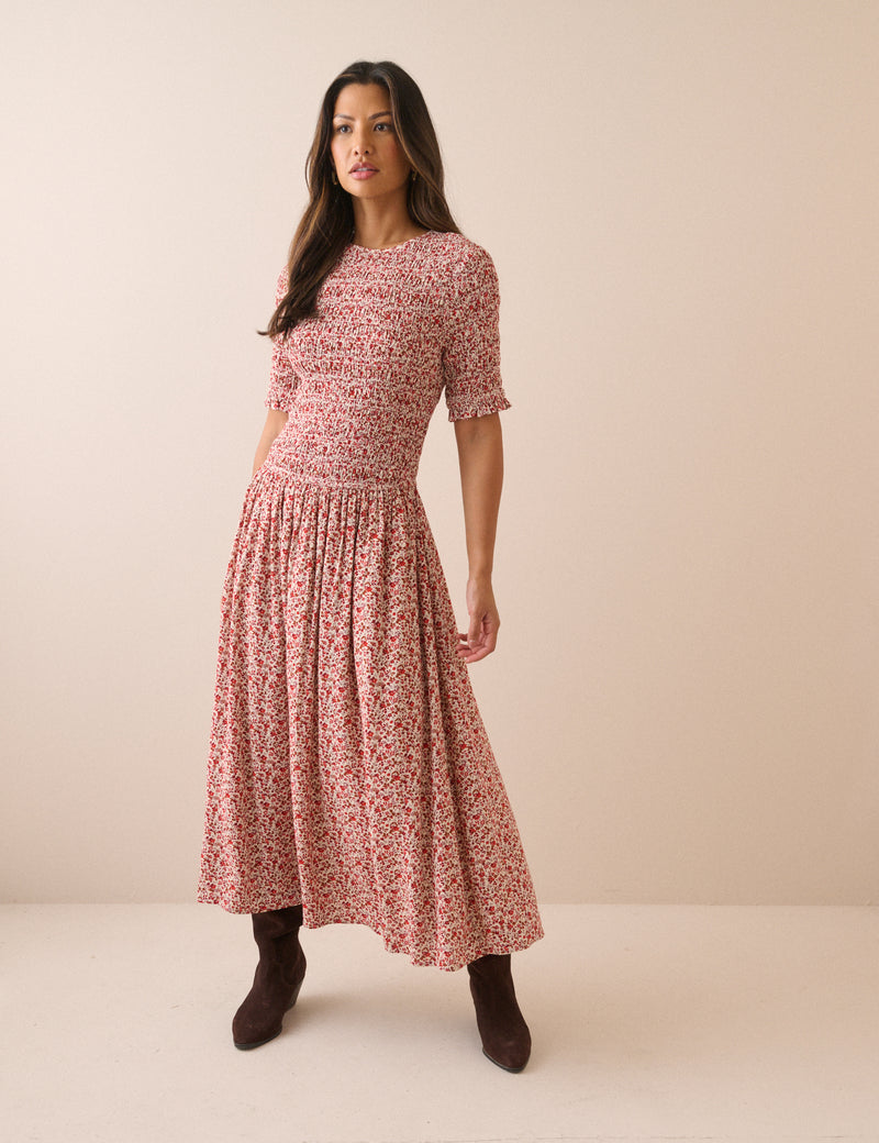 Pink Ditsy Floral Shirred Shay Midi Dress