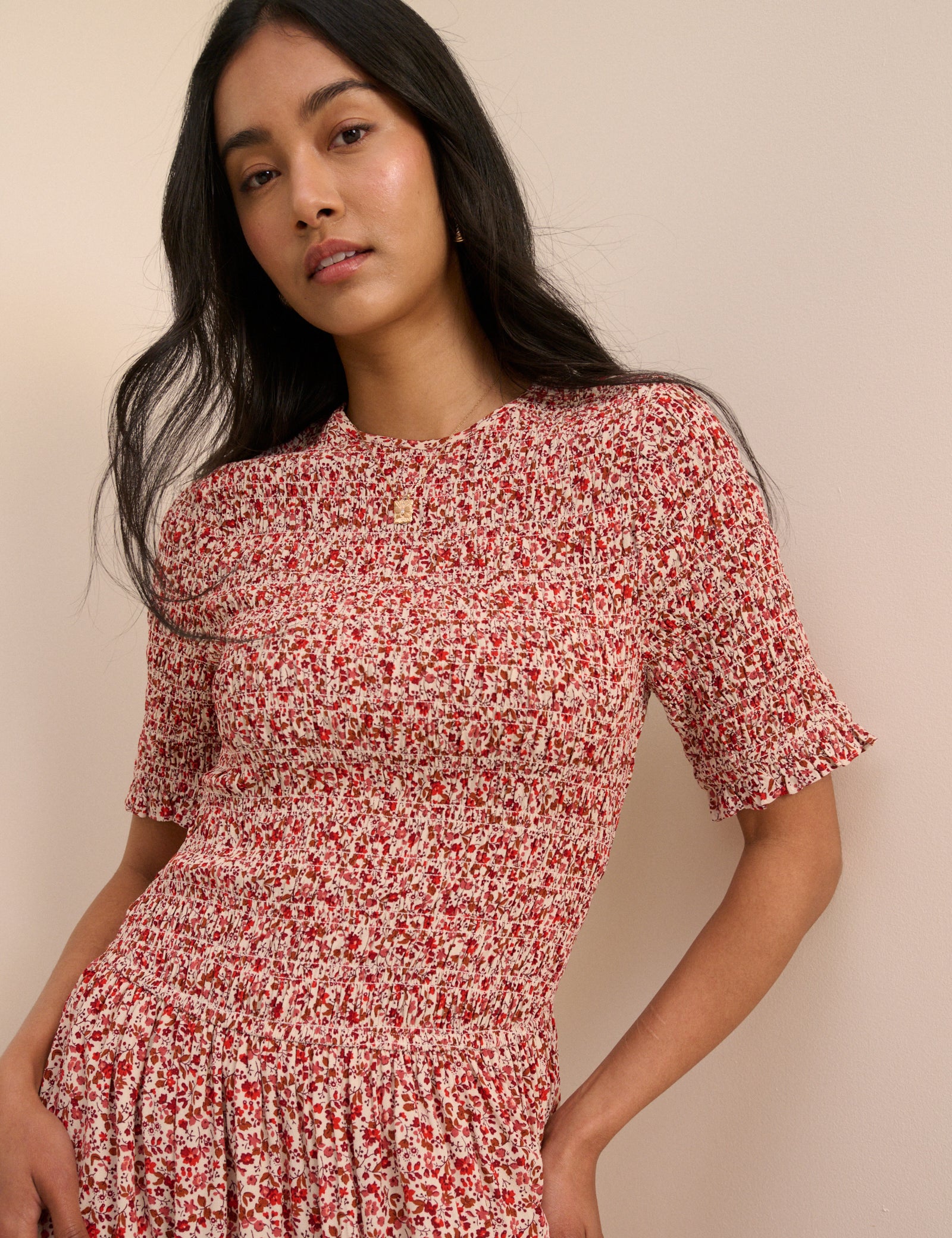 Pink Ditsy Floral Shirred Shay Midi Dress