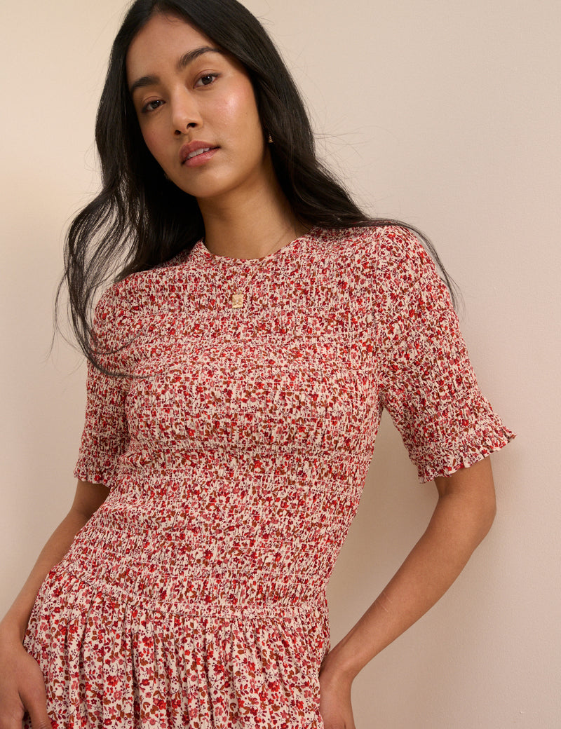 Pink Ditsy Floral Shirred Shay Midi Dress