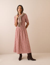 Pink Ditsy Floral Shirred Shay Midi Dress