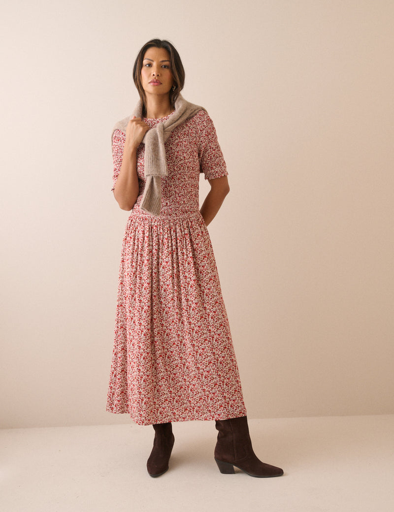 Pink Ditsy Floral Shirred Shay Midi Dress