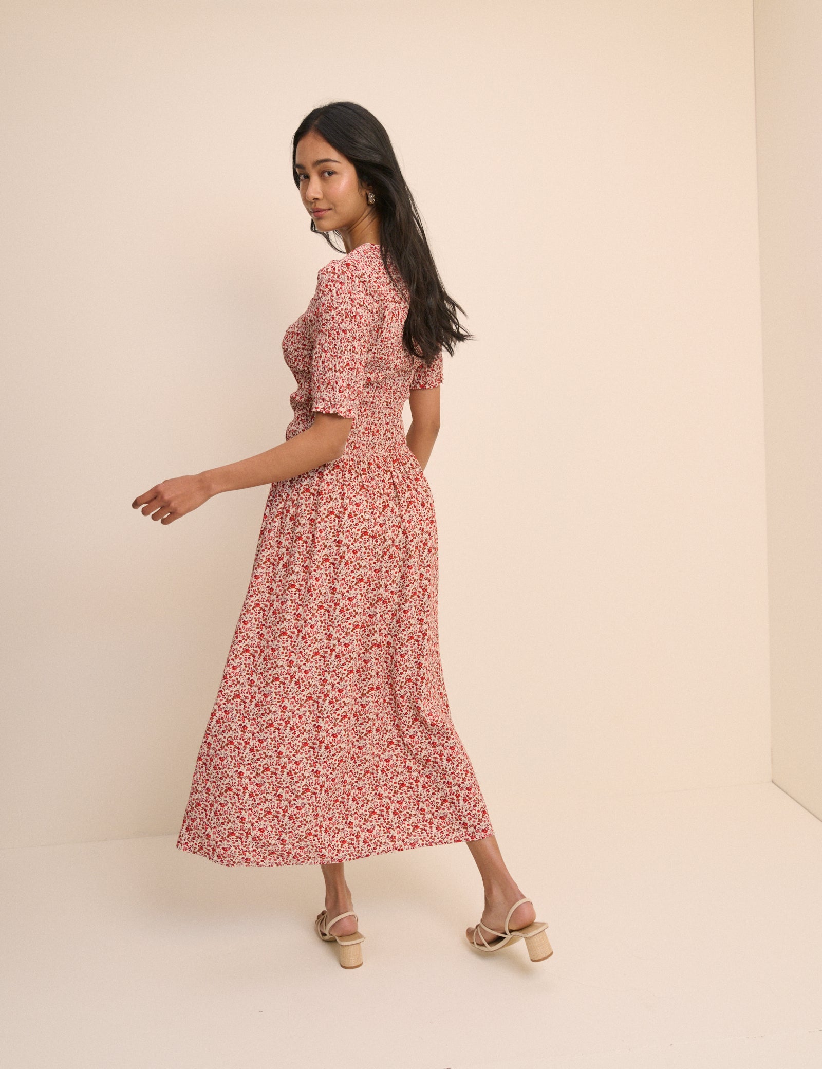 Pink Ditsy Floral Shirred Shay Midi Dress