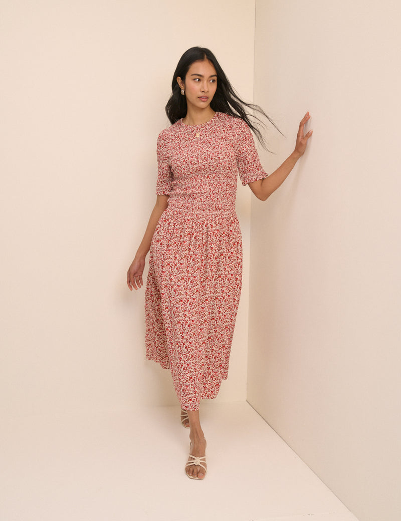 Pink Ditsy Floral Shirred Shay Midi Dress