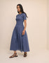Blue Check Shirred Shay Midi Dress