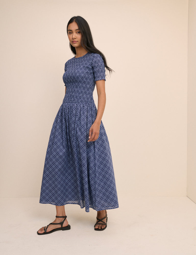 Blue Check Shirred Shay Midi Dress