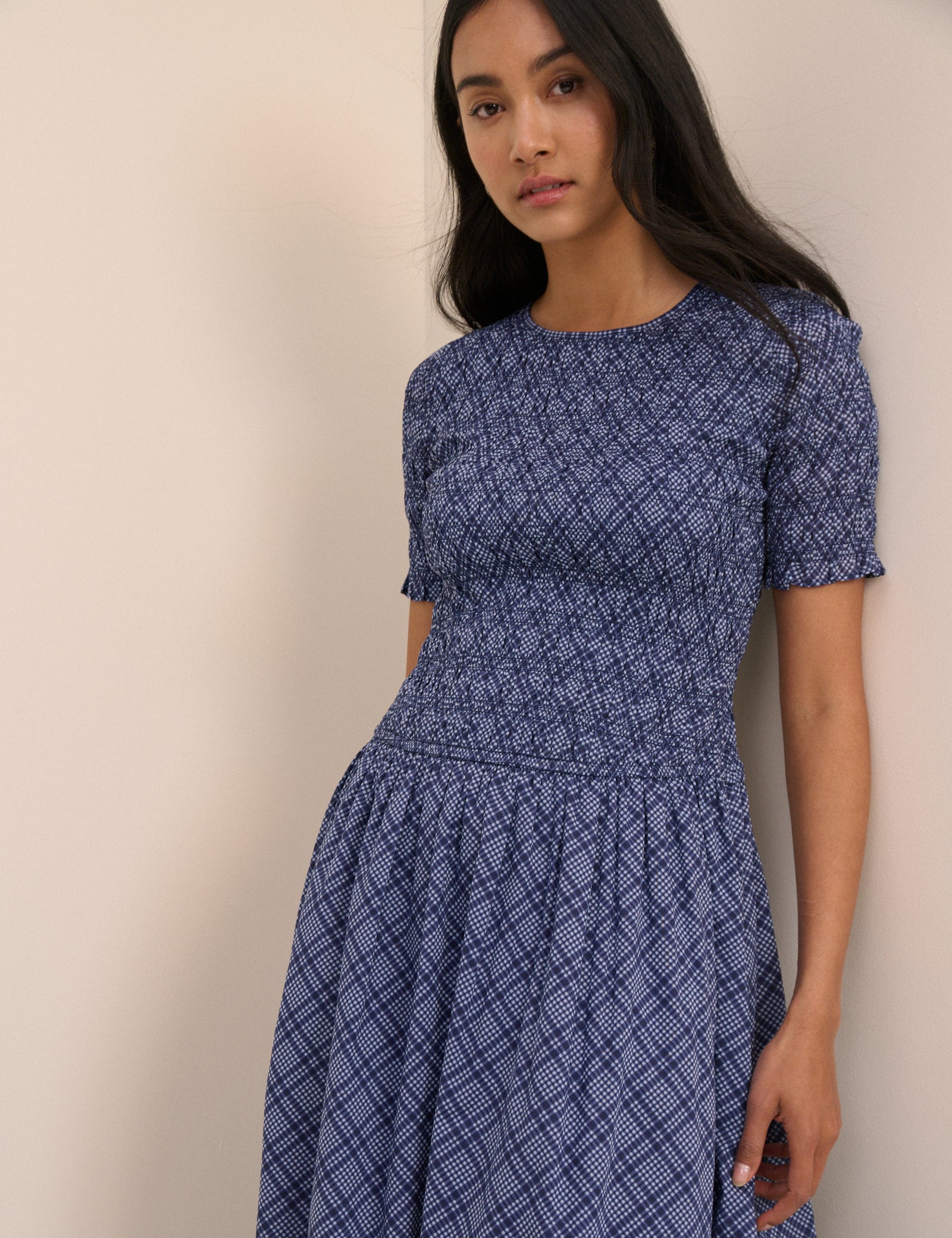 Blue Check Shirred Shay Midi Dress