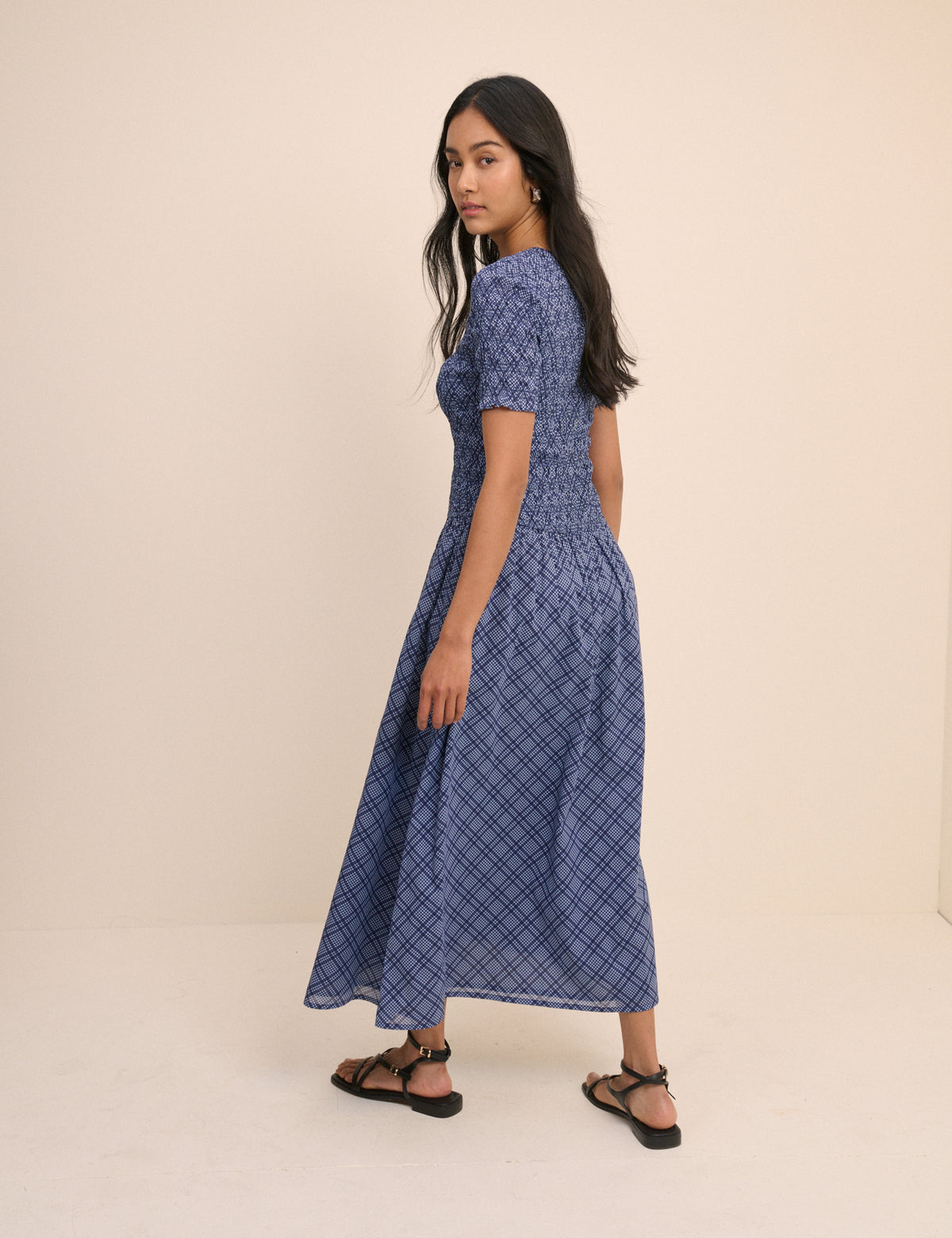 Blue Check Shirred Shay Midi Dress