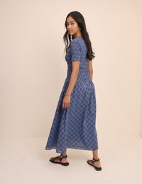 Blue Check Shirred Shay Midi Dress