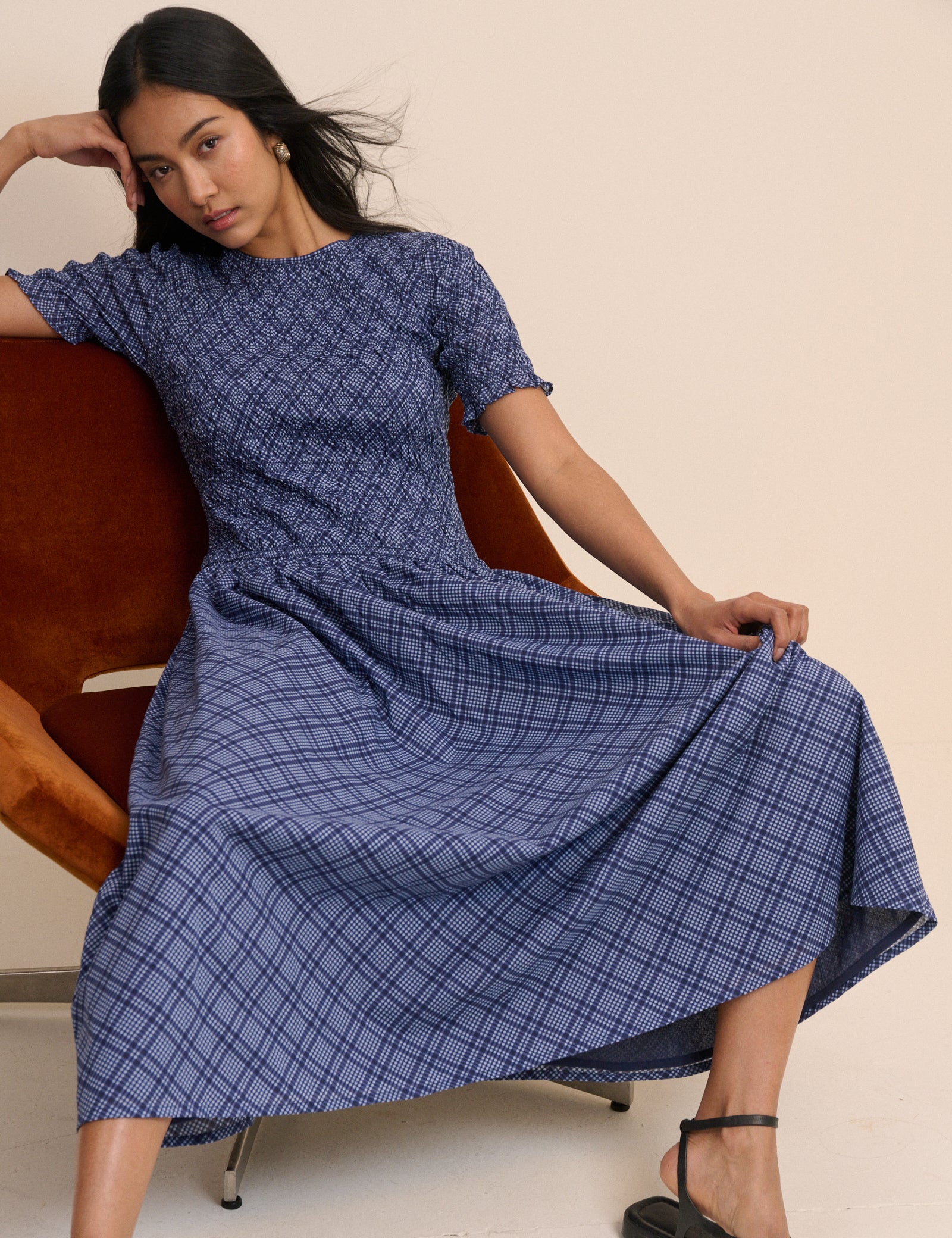 Blue Check Shirred Shay Midi Dress
