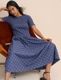 Blue Check Shirred Shay Midi Dress