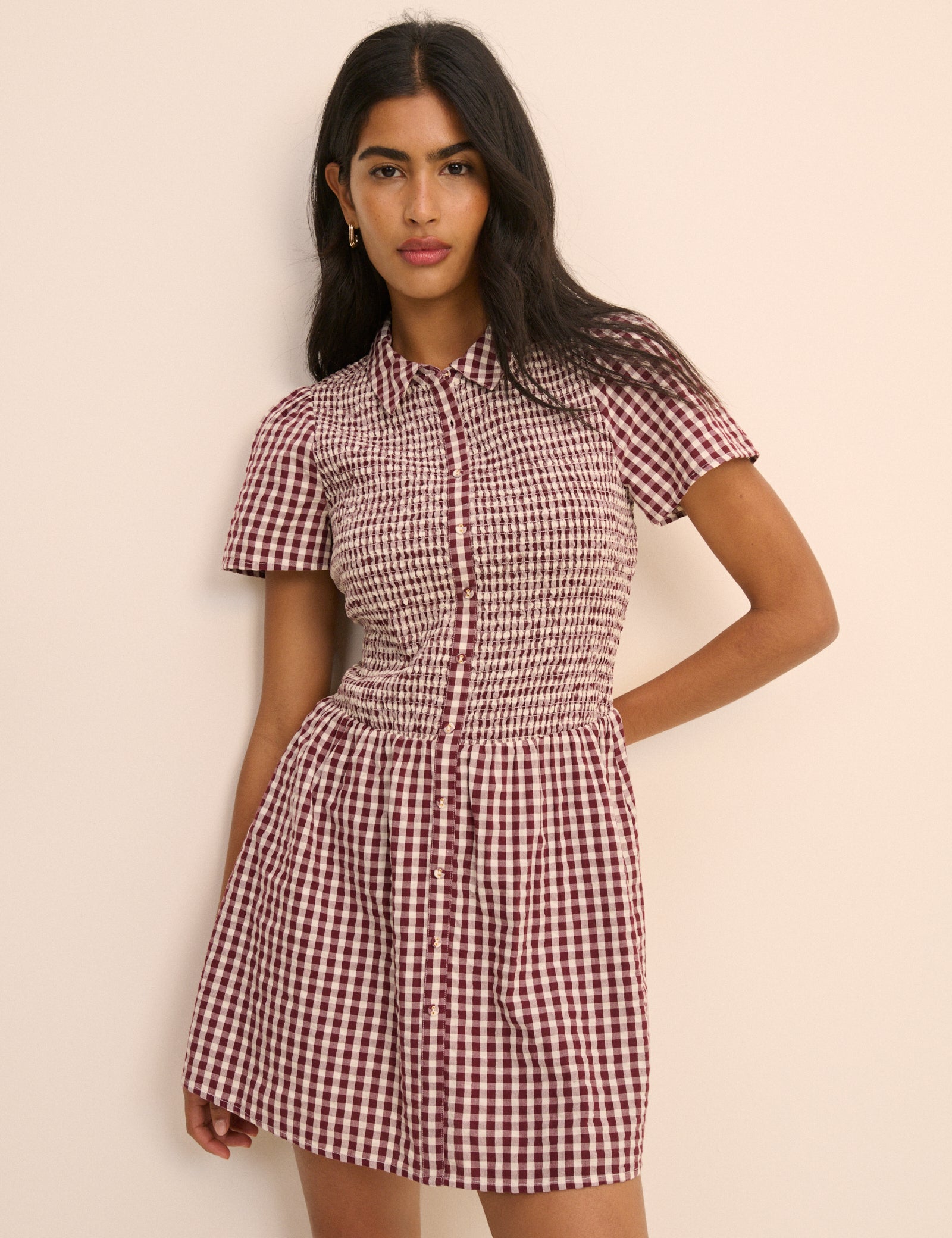 Burgundy Gingham Shirred Ioni Mini Dress