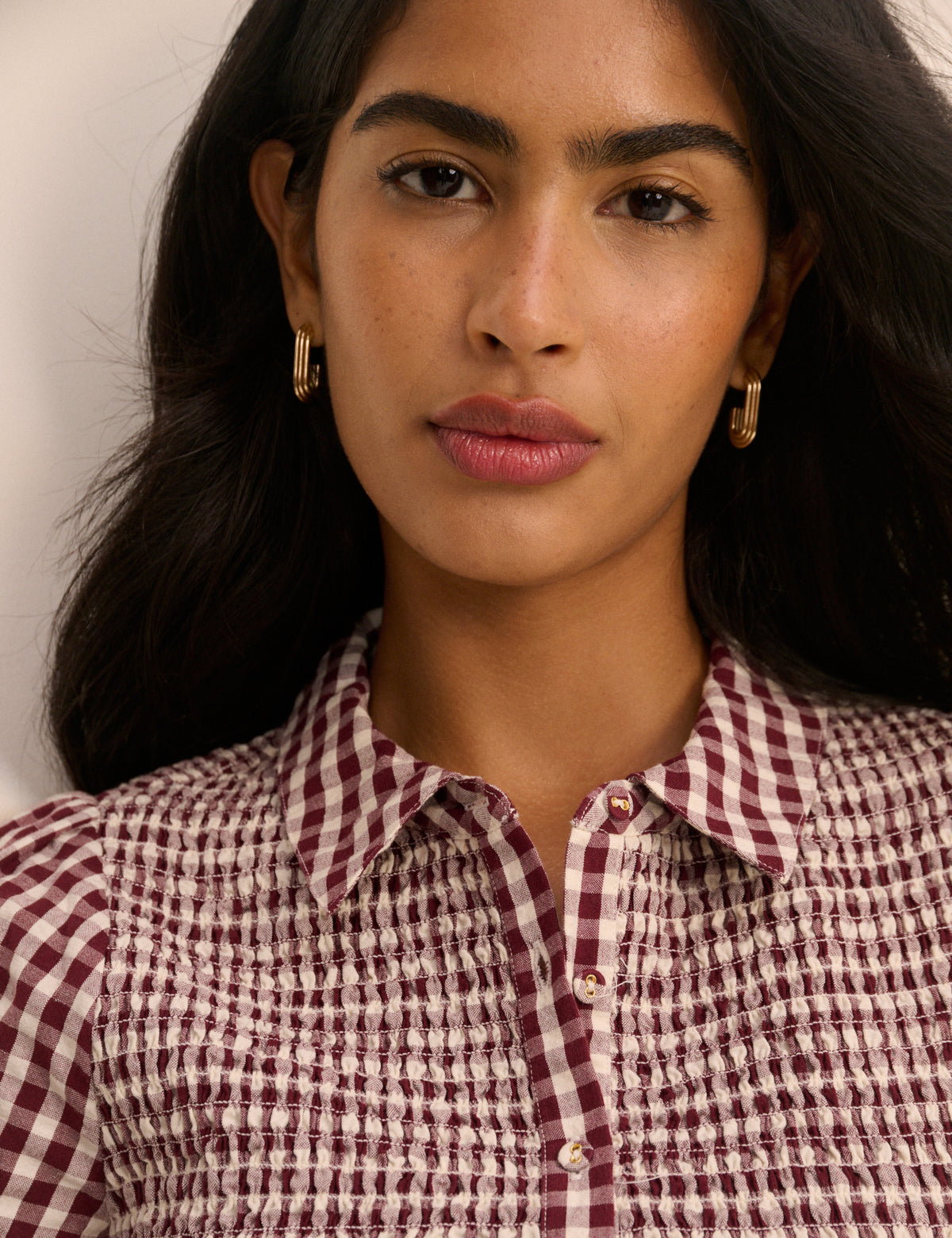 Burgundy Gingham Shirred Ioni Mini Dress