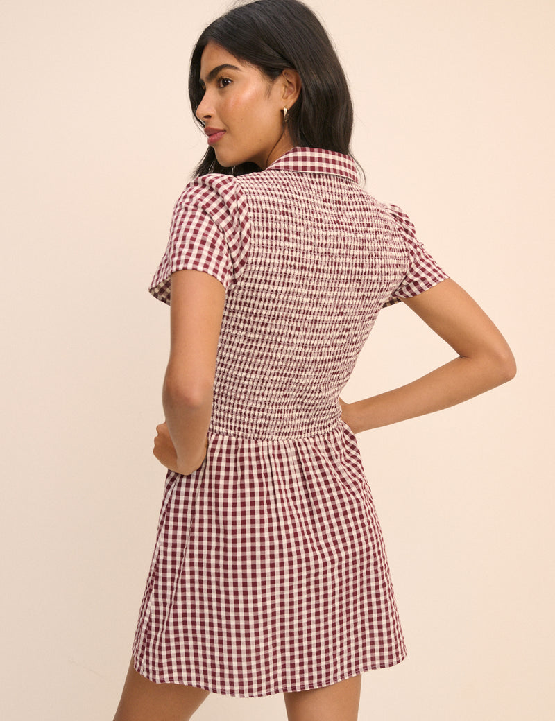 Burgundy Gingham Shirred Ioni Mini Dress