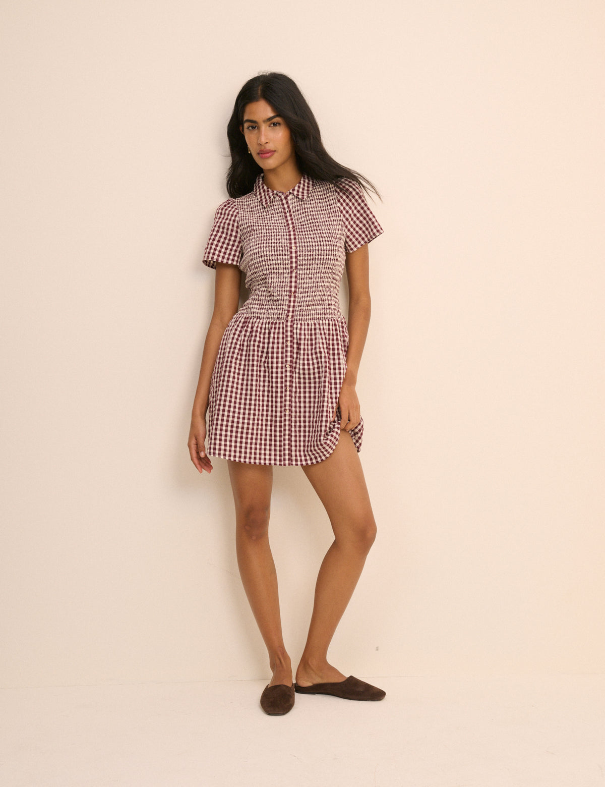 Burgundy Gingham Shirred Ioni Mini Dress