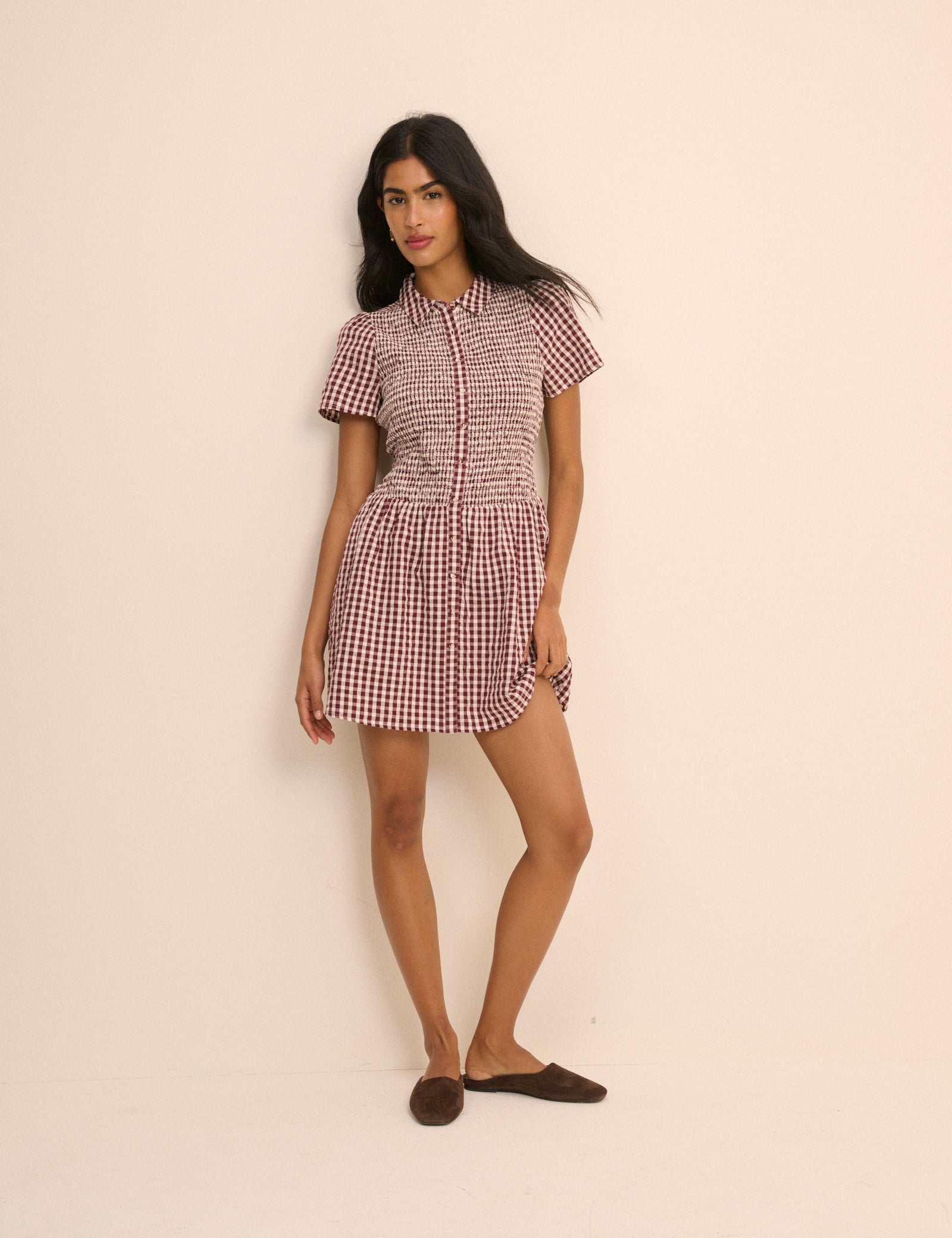 Burgundy Gingham Shirred Ioni Mini Dress