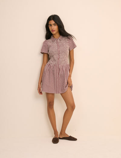 Burgundy Gingham Shirred Ioni Mini Dress