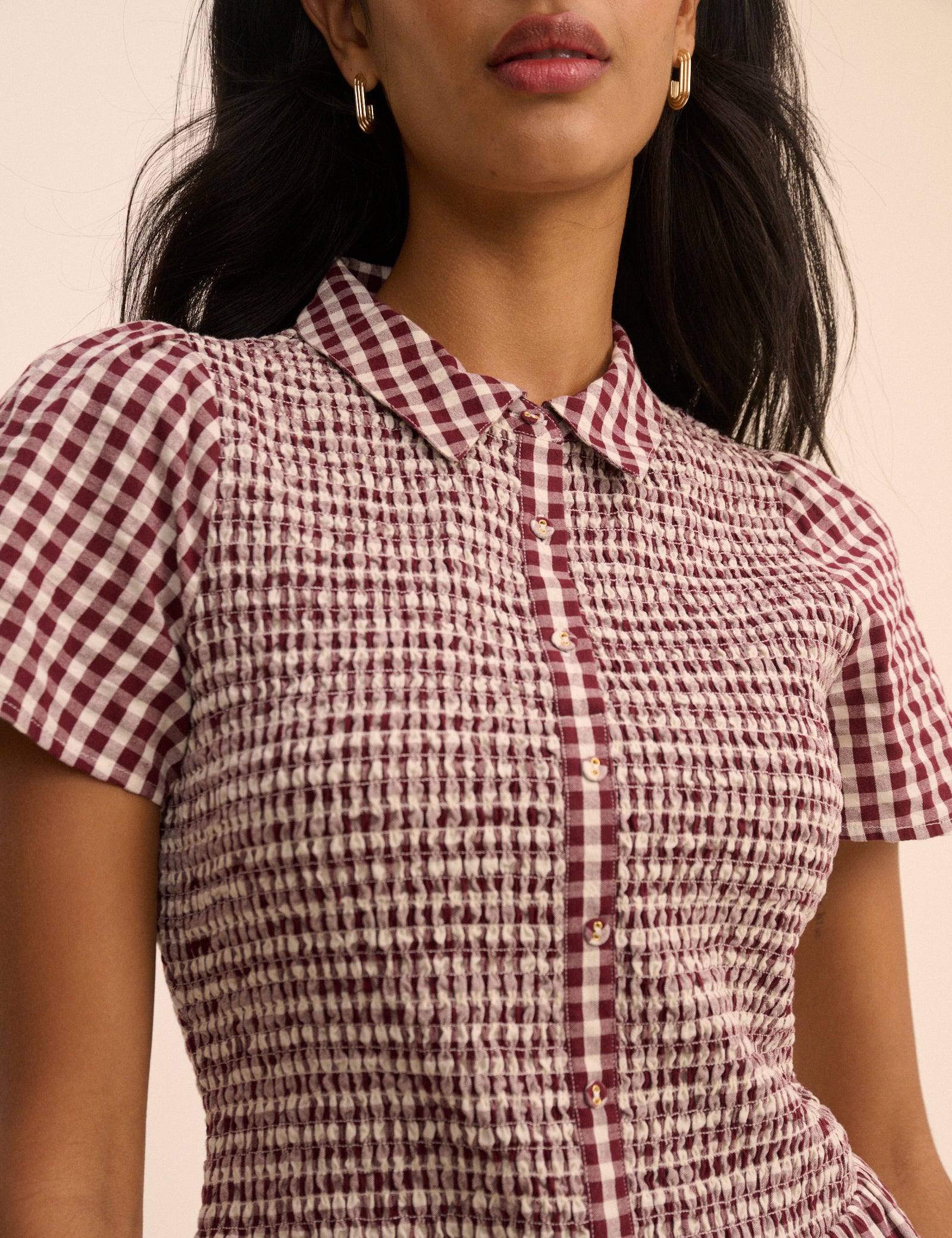 Burgundy Gingham Shirred Ioni Mini Dress
