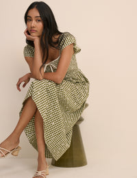 Green Gingham Shirred Mindy Midi Dress