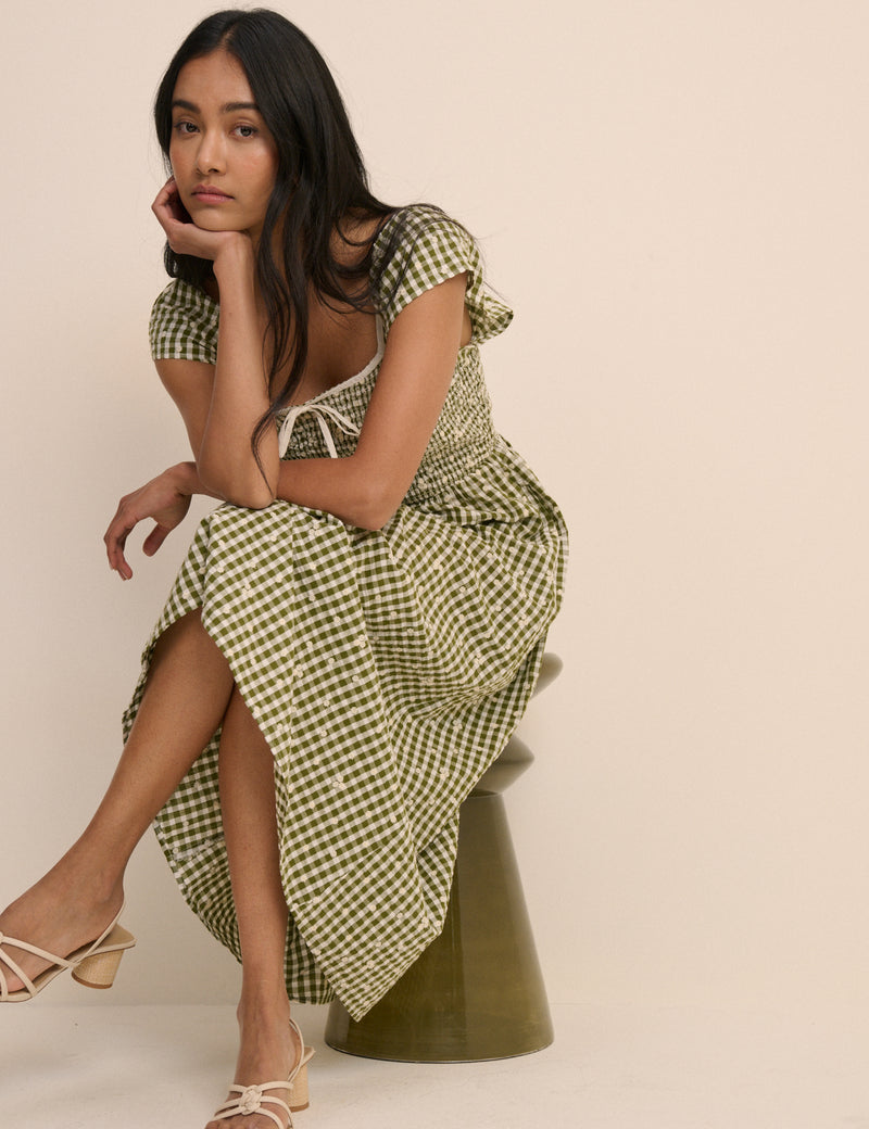 Green Gingham Embroidered Shirred Mindy Midi Dress