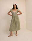 Green Gingham Embroidered Shirred Mindy Midi Dress