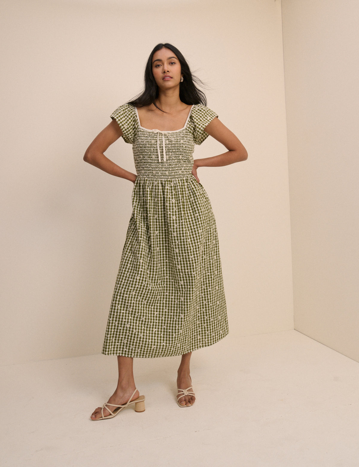Green Gingham Embroidered Shirred Mindy Midi Dress