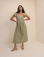Green Gingham Embroidered Shirred Mindy Midi Dress
