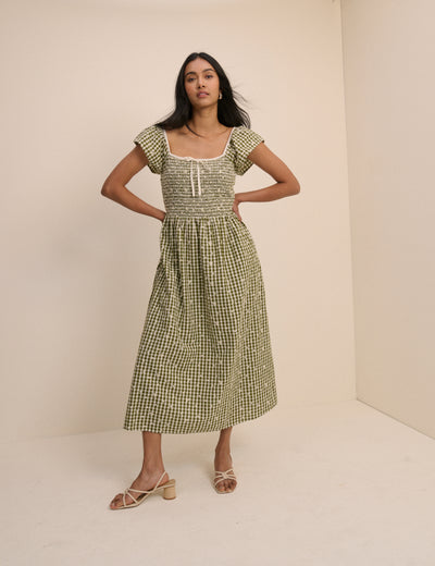 Green Gingham Embroidered Shirred Mindy Midi Dress