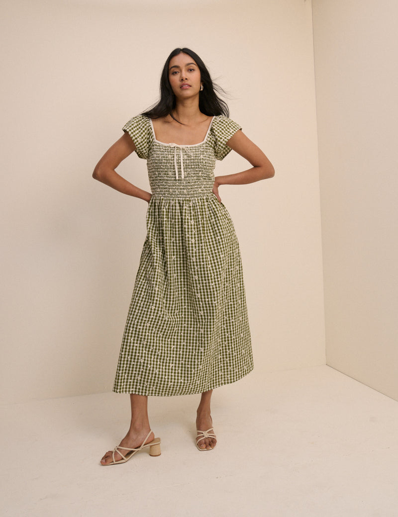 Green Gingham Embroidered Shirred Mindy Midi Dress